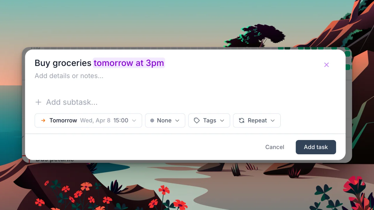 Task creator with "Buy groceries tomorrow at 3pm" typed, the date highlighted in purple, and Tomorrow Wed Apr 8 15:00 set in the form